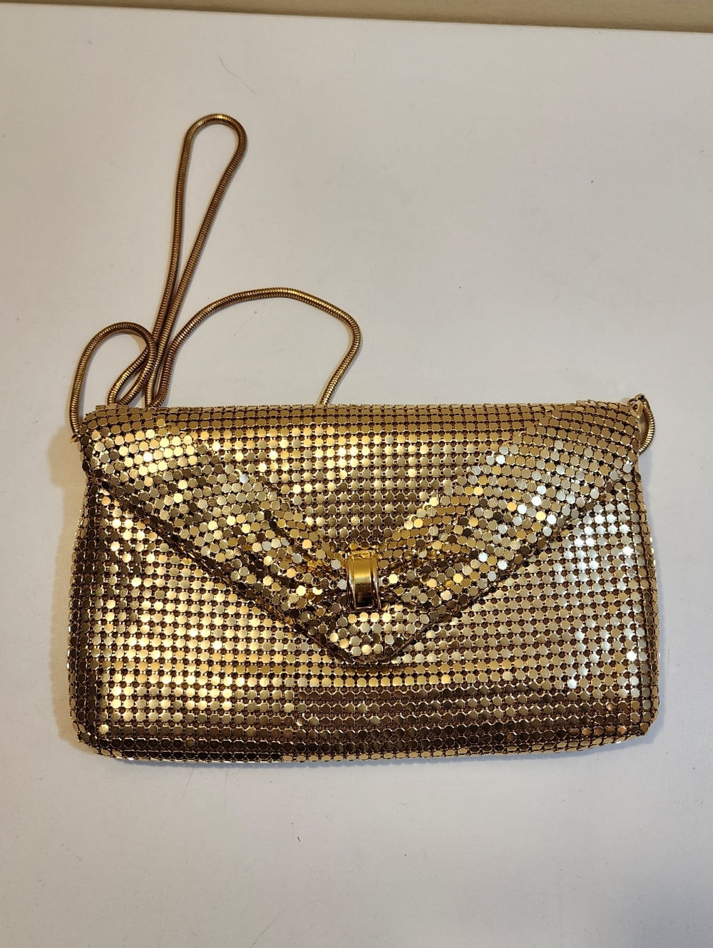 Gold Metallic Mesh Satchel Bag With Long Strap - Picture 6 of 14